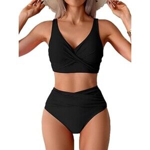Women High Waisted Bikini Sets V Neck Cross Twist Front Two Piece Swimsuit Tummy